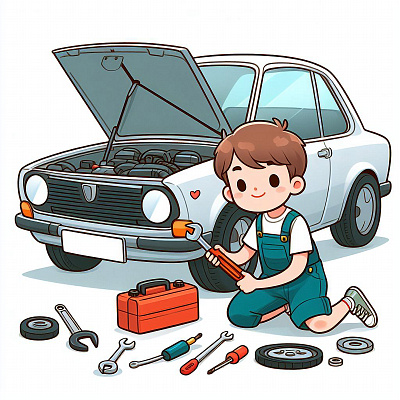 Boy smiling while fixing auto cartoon character graphic design illustration