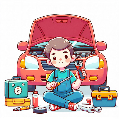Technician photoshoot in front of car cartoon character graphic design illustration