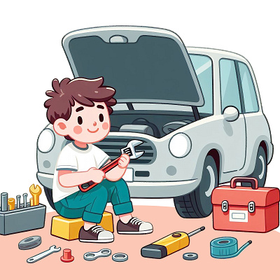 Guy repairing auto and singing cartoon character graphic design illustration