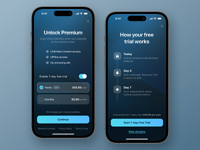 Paywall & Free Trial UI Design app free trial ios mobile mobile app monetization payment paywall paywalls premium pricing subscribe subscription trial ui upgrade user interface ux