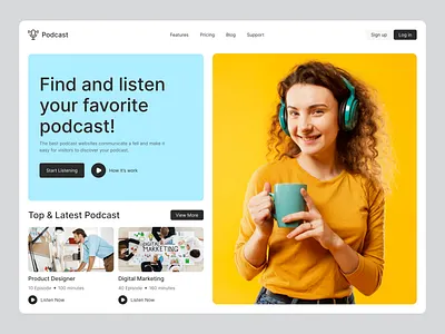 Podcast HomePage Design clean ui colorful website hero section homepage microphone podcast homepage podcast platform podcast website shakil ui