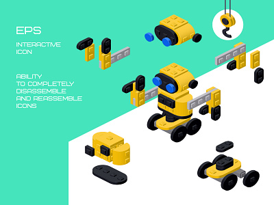Yellow robot. Modular assembly 3d icon illustrtion isometric lego plastic blocks robot vector yellow