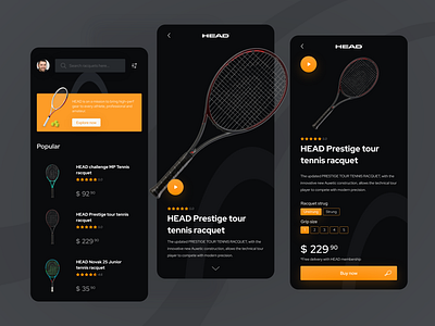 Racquets shop mobile App - Dark UI app dailyui dailyuichallenge dark design racquet sports tennis ui ux