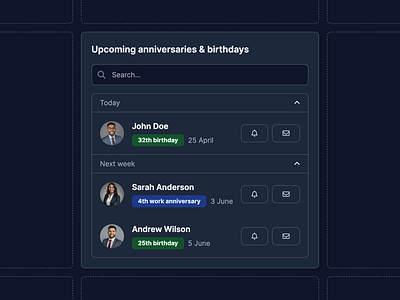 Upcoming anniversaries & birthdays React component anniversary bento birthday card clean component darkmode enterprise ux interface minimal nextjs product react responsive tailwind ui ux