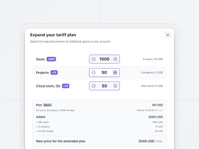 Expand account plan [modal] - worksection account seats bill change plan expand plan modal plan bill product design saas saas ui ui ux