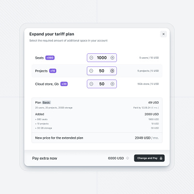 Expand account plan [modal] - worksection account seats bill change plan expand plan modal plan bill product design saas saas ui ui ux