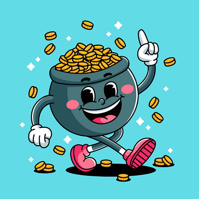 Cartoon Pot of Gold cartoon character coin colorful cute design fantasy gold graphic design happy illustration money rich smile walk