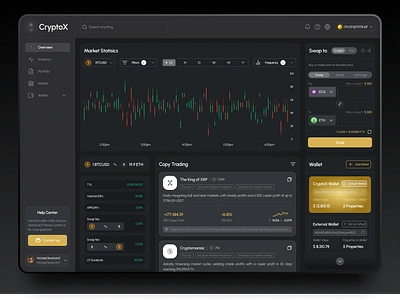 CryptoX - Dashboard Crypto Wallet blockchain btc card clean cryptocurrency cypto cyrpto wallet dark mode dashboard design graph market market cap money stock market stocks ui uiux ux wallet