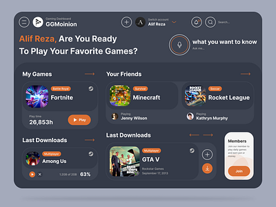 Gaming Dashboard add alif alif001 app dashboard figma game gaming interface modern ui ui ux design ux web design website