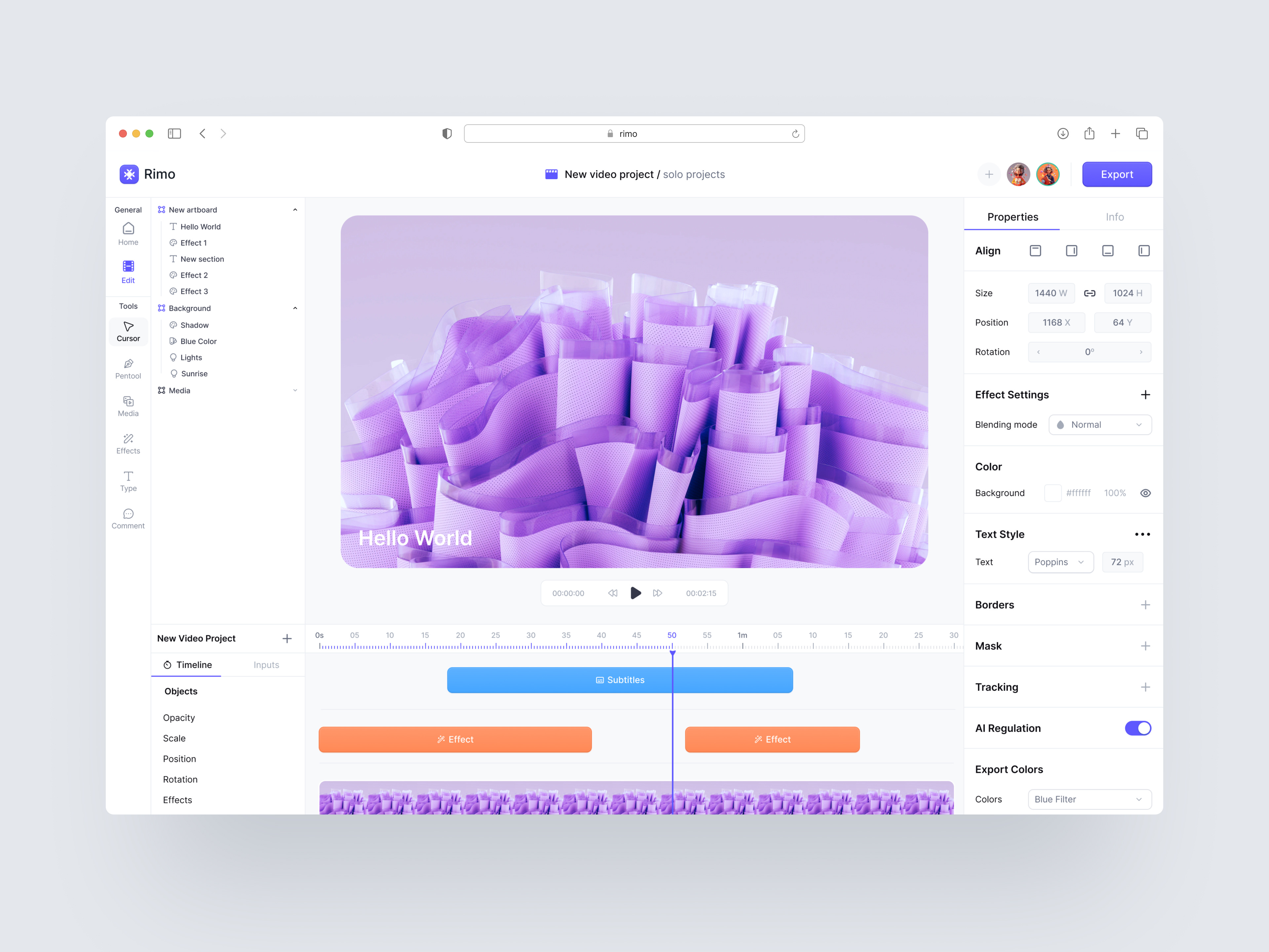 AI-Powered Visual Creation App adobe premiere pro ai ai video apple imovie clean dark mode davinci resolve editor layers minimal style timeline tool ui video video editing video player video project web web app