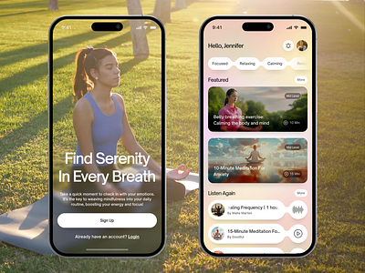 Serenify - Your Oasis of Mindful Meditation! 🧘‍♀️🎶 animation calm clean design focus ios app meditate mental mental health mindful minimal mobile modern motion product design selfcare sleep ui ux wellness yoga