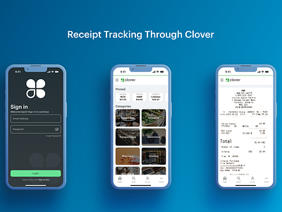 Clover Receipt Tracking app idea brand branding categories grid home screen login mobile navigation product design sections ui design ux design