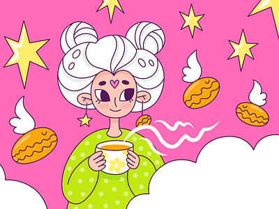 A girl with coffee and stars. Character Illustration angel art artist character coffee concept design doodle funny girl graphic design green hair illustration package packaging pink stars woman