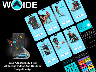 Waide Indoor And Outdoor Navigation App UI 3d app branding design figma google maps gps graphic design illustration indoor navigation mobile app navigation onboarding product design tech tracking ui ux wayfinding waze