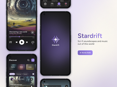 Stardrift - Sci-fi music app concept ai app application branding concept dark mode design ios minimal mobile mobile app mobile app design modern music purple ui ui design ux uxui video
