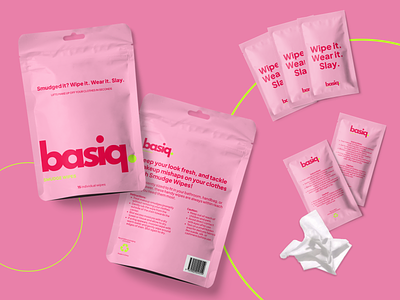 basiq. | pouch packaging design bag basiq brand identity branding cosmetic design discover package packaging pink pouch print sachet tissue typography wipes woman