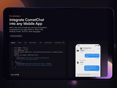 Developers section of CometChat. clean dark dark theme design desktop significa ui ux web web design website