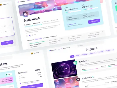 Decentralized clowdfunding platform concept. Crowdia blockchain concept crowdfunding dashboard decentralized desktop display elements fundrasing interface ui ux website