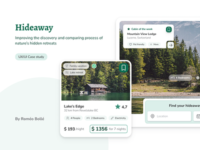 Hideaway - UX/UI case study - Booking website booking branding case study clean concept design graphic design hotel landing page minimal nature responsive saas ui user research ux uxui uxui case study web website