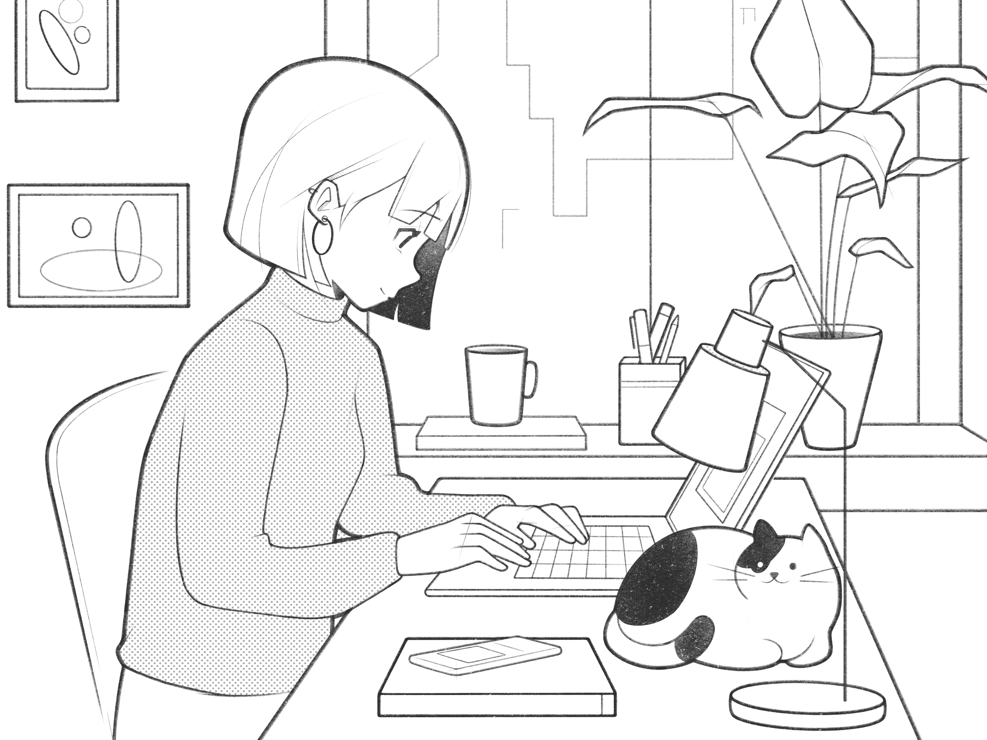 working girl black and white cartoon cat character comic drawing girl home homework illustration line minimal monochrome plant procreate simple ui ux work working