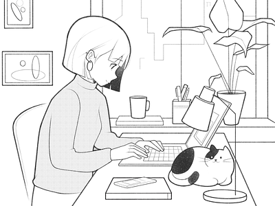 working girl black and white cartoon cat character comic drawing girl home homework illustration line minimal monochrome plant procreate simple ui ux work working