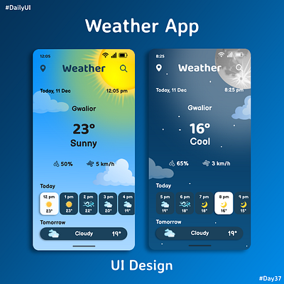 Weather App UI Design app design design graphic design night photoshop sunny ui weather webdesign