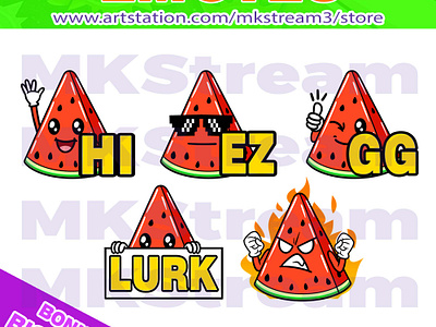 Twitch emotes watermelon lurk, hi, gg, ez & rage pack animated emotes anime cute design discord emotes emote emotes ez fruit fruit emotes gg illustration lurk rage sub badge twitch emotes watermelon watermelon emotes waving youtube emotes