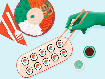 FoodMe - Mixed Cusines #2 2d bowl character chopsticks cuisine delivery design drawing flat food fusion hand illo illustration mixed sauce shape sushi vector web design