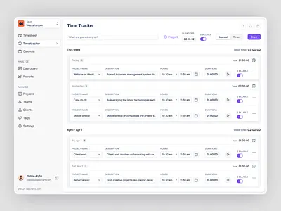 Time Tracking Web App - Time tracker b2c content dashboard minimal saas sidebar time tracker ui ux