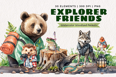 Explorer Friends - Watercolor Woodland Animals animals bear camping clipart design illustration nature print watercolor woodland