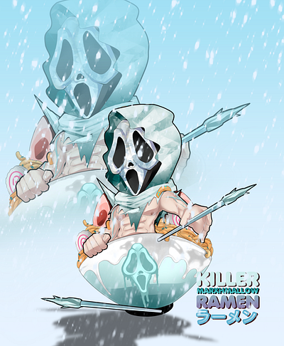 Ice Phantom Ghostface in Ramen food art ghostface ice illustration kawaii horror poster art ramen winter