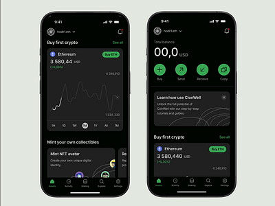 CoinWell Wallet - Empty Dashboard animation app chart clean cryptocurrency dark mode dashboard empty ethereum figma ios learning mobile money nft product design ui ux wallet