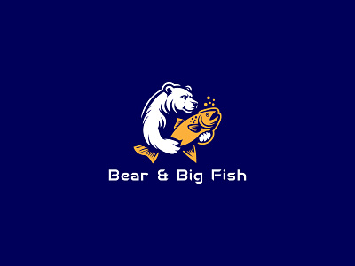 BEAR AND BIG FISH LOGO abstract animals aquatic bear beast branding clean cold creative logo bear and big fish design emblem fish fish shape logo for sale marine unique vector warriors website wild