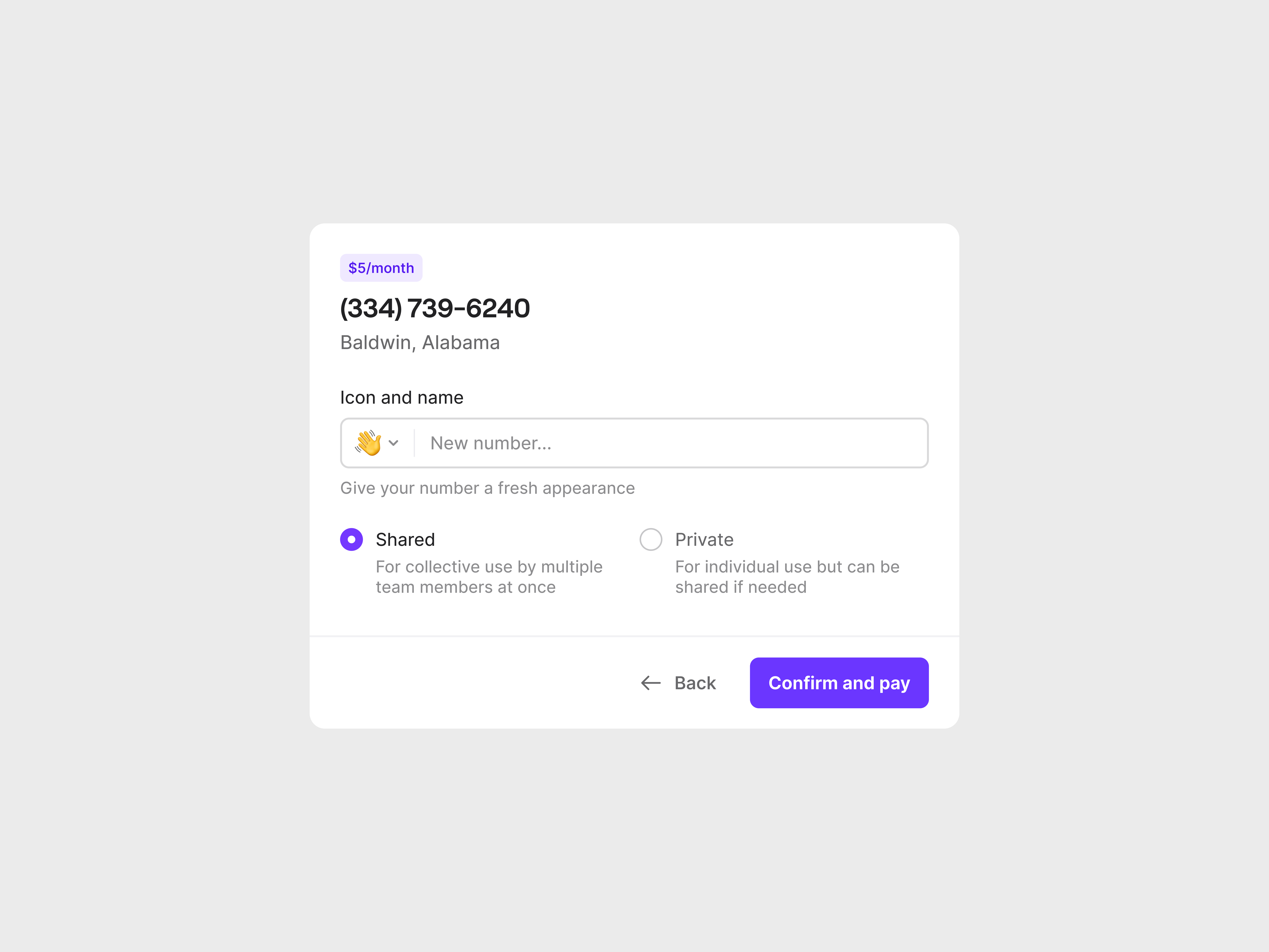 New number purchase app buy clean confirm design desktop emoji minimal modal popup saas settings simple steps subscription theme ui ux walkthrough web app