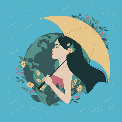 Rain and Planet Earth. 2d animation character design eco eco friendly flat art freelance girl green illustration illustrator planet earth rain umbrella vector woman