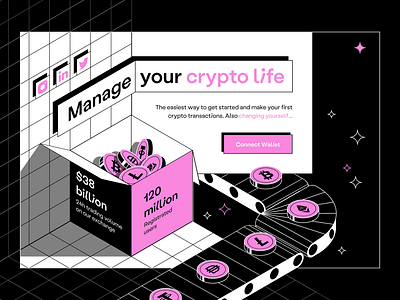 CryptoLab — Landing Hero Block crypo isometric landing pink transaction ui