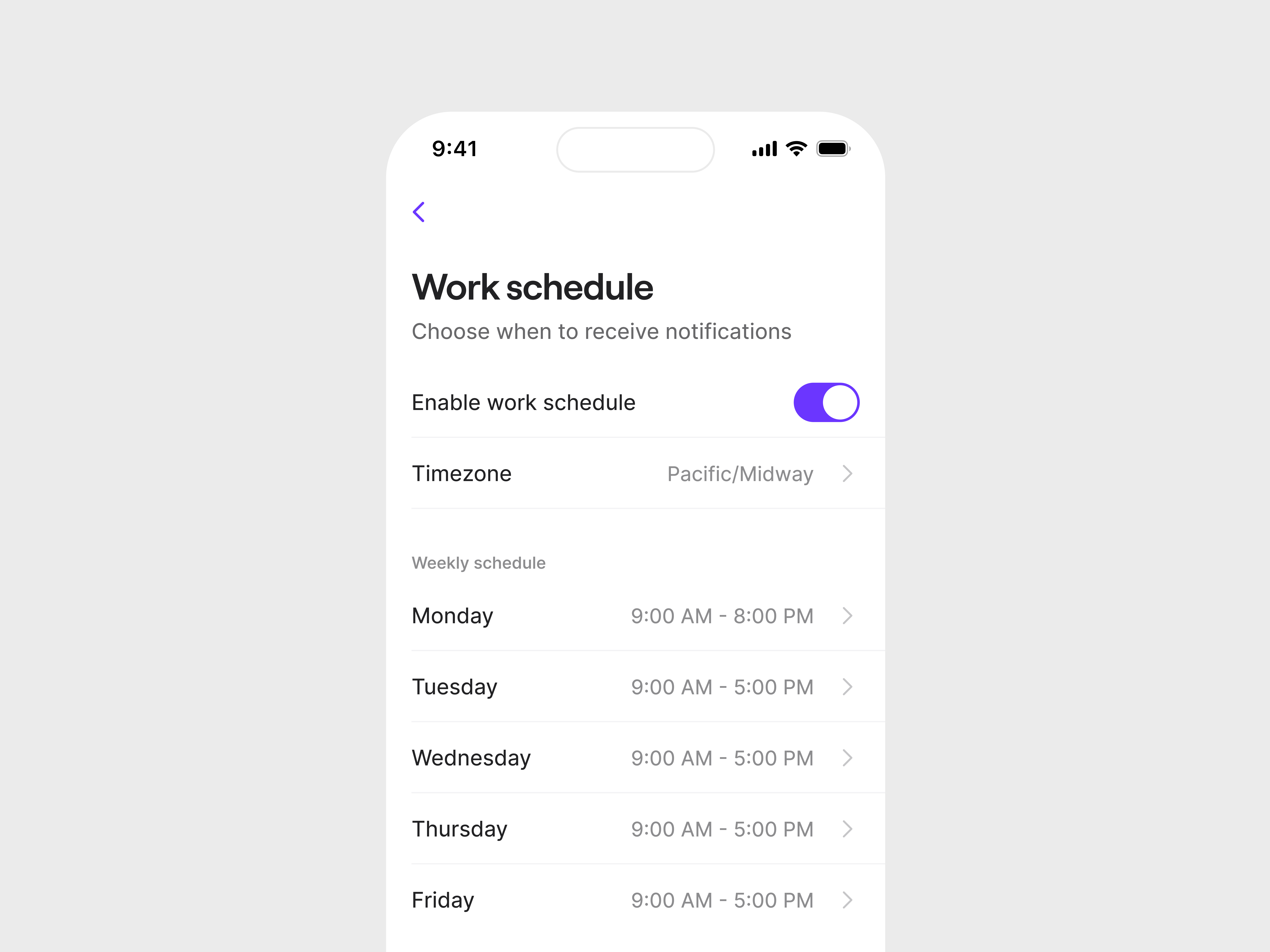 Work Schedule android app calendar clean edit ios messages minimal mobile notifications preferences reminder saas schedule settings simple timezone toggle ui ux