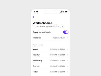 Work Schedule android app calendar clean edit ios messages minimal mobile notifications preferences reminder saas schedule settings simple timezone toggle ui ux