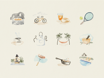 Hotel Icons branding breakfast design fire pit hammock hotel icon set icon suite icons identity illustration pool tennis watercolor yoga