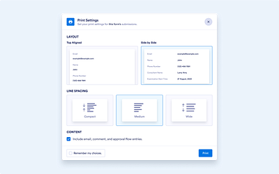 Jotform Lite Inbox Print Modal inbox modal print product design settings ui ux