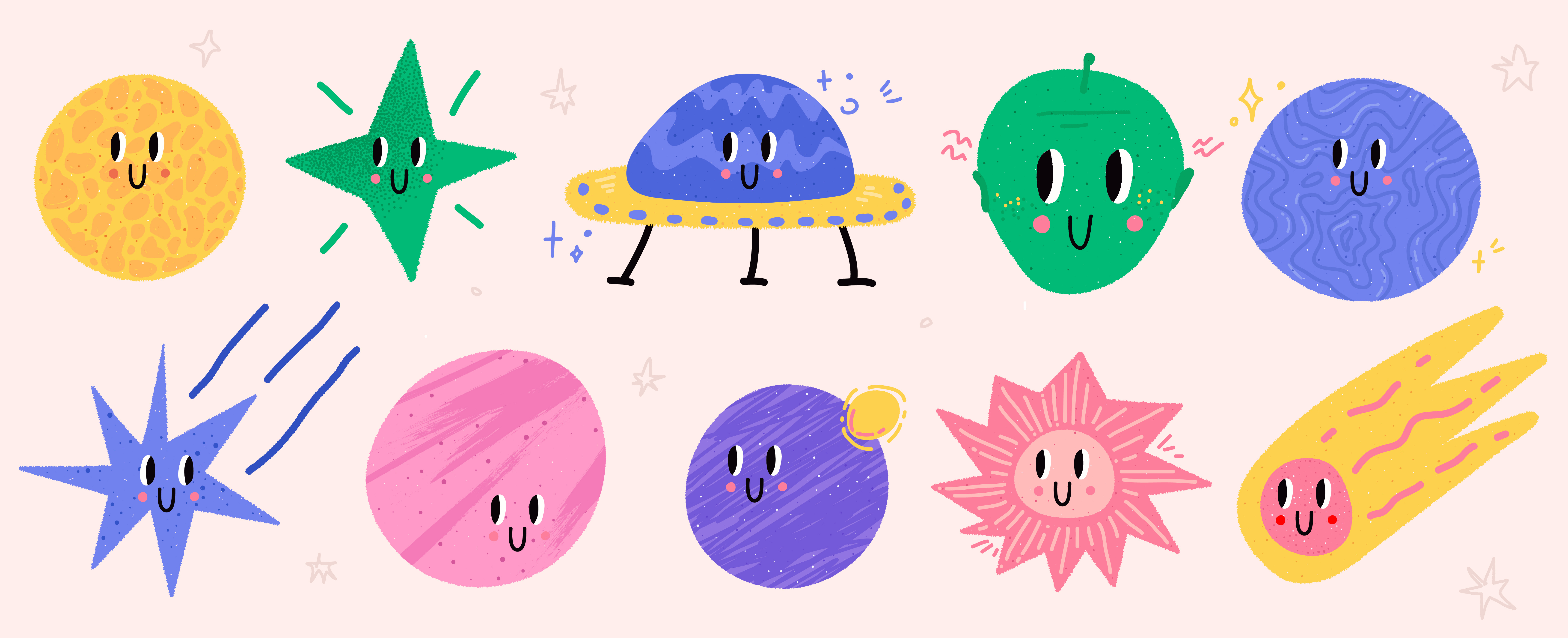 Space collection animation branding cartoon character collage comet cute face fun illustration logo planet space star sun texture ufo ui univesity vector