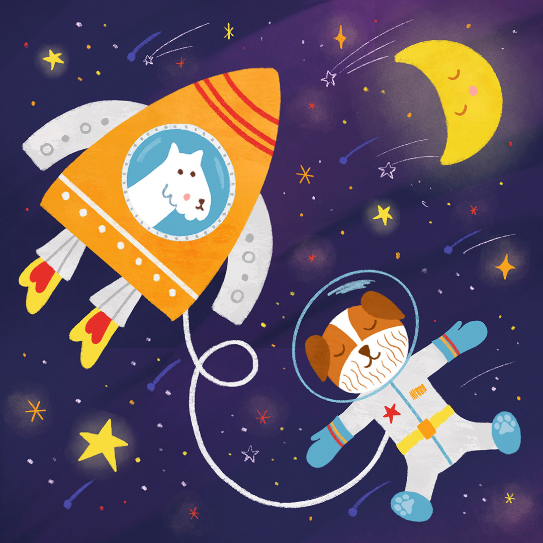 Cute animal astronauts in open space. Rocket, spaceship, dogs. animal astronaut character children illustration cute dogs explorer hand drawn print puzzle puzzle game space spaceship watercolor
