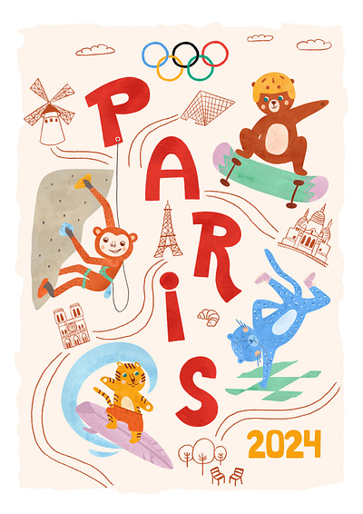 Cute animal characters for summer Olympic game 2024 in Paris activity breakdance character climbing hand drawn illustration olympic game poster print skateboarding sport sufing watercolor