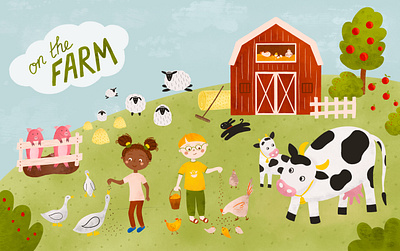 On the farm. Kids illustration with farm animals chicken children book cow and calf cute domestic animal farm farm animal farm house geese hand drawn kids kids illustration pigs sheeps watercolor