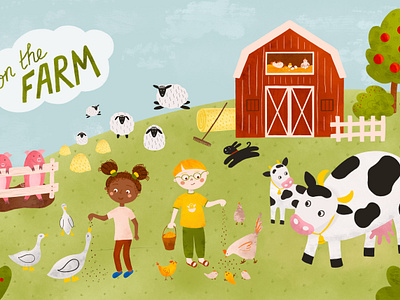 On the farm. Kids illustration with farm animals chicken children book cow and calf cute domestic animal farm farm animal farm house geese hand drawn kids kids illustration pigs sheeps watercolor