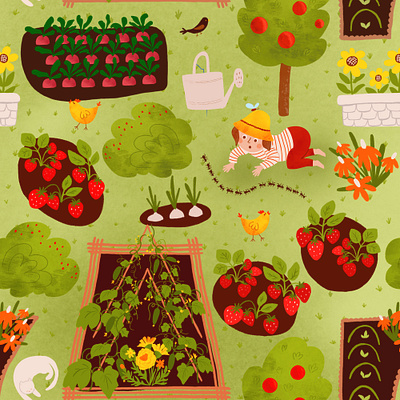 Vegetable beds seamless pattern. Gardening in cartoon style. character children illustration cute editorial garden gardening growing food hand drawn illustration little girl nature backgound pickture book print seamless pattern vegatable bed watercolor