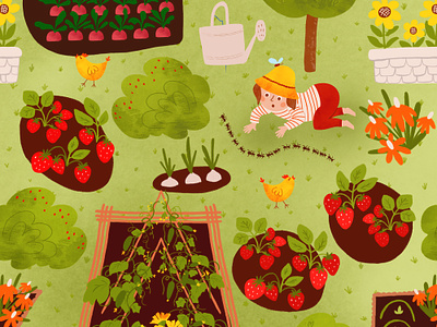 Vegetable beds seamless pattern. Gardening in cartoon style. character children illustration cute editorial garden gardening growing food hand drawn illustration little girl nature backgound pickture book print seamless pattern vegatable bed watercolor