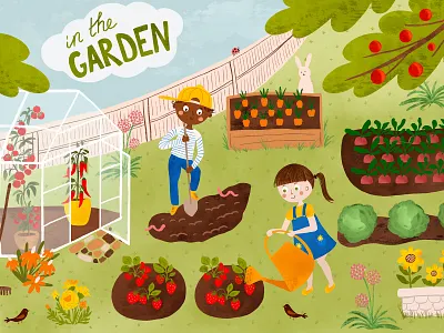 In the garden - kids illustration. Vegetable, fruits green house book illustration carrot growing character children cute garden gardening green house hand drawn illustration picture book strawberry watercolor