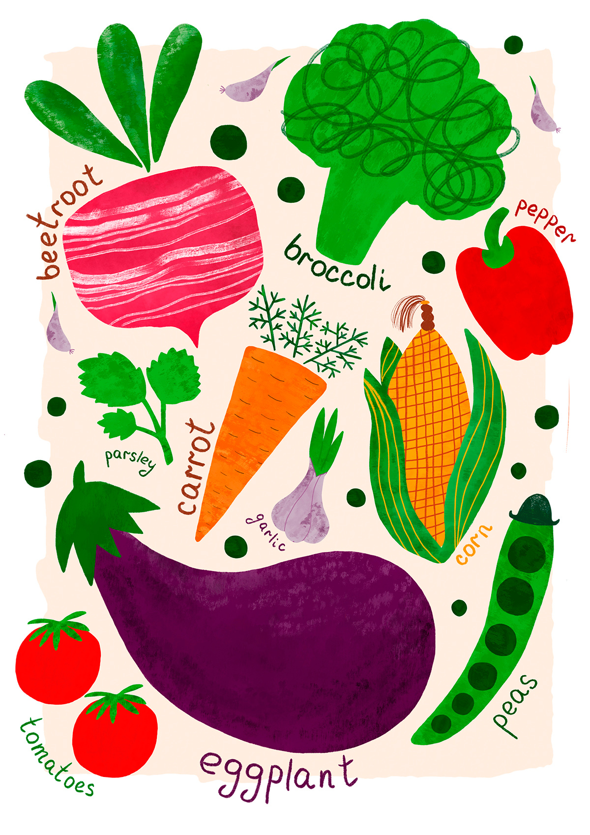 Funny vegatable poster for kids beetroot broccoli carrot children children illustration cute education funny vegatable hand drawn illustration kids poster non fiction pepper picture book print tomato vegatable watercolor