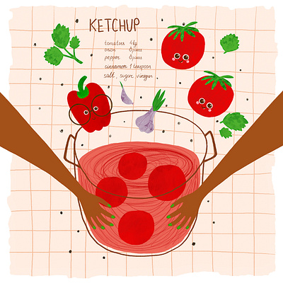 Ketchup recipe. Cookbook illustration. cook book cooking illustration cute funny tomatoes hand drawn illustration ketchup kitchen poster print recipe watercolor